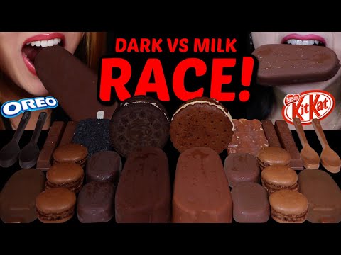 ASMR DARK VS MILK CHOCOLATE RACE! TICO ICE CREAM, GIANT ICE CREAM BARS, KITKATS, MACARONS, SPOONS 먹방