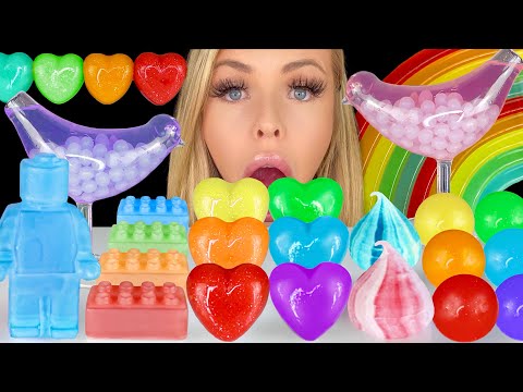 ASMR RAINBOW JELLY MUKBANG, LEGO MAN WAX CANDY, MERINGUE KISSES, BOBA WATER DRINKING SOUNDS 먹방