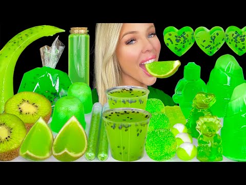 ASMR GREEN KIWI DESSERT MUKBANG, Frozen Grapes Candy, Strawberry Kiwi Drink, Apple Jelly Popsicle 먹방