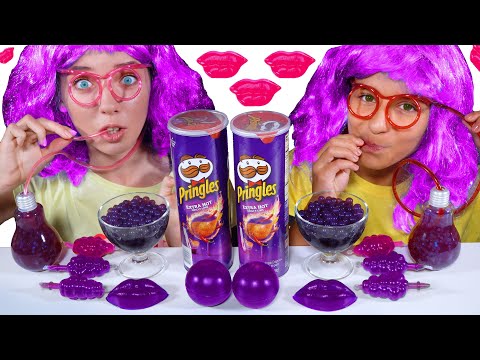 ASMR PURPLE FOOD JELLY BALLS, POPING BOBA, TIK TOK JELLY FRUITS EATING MUKBANG