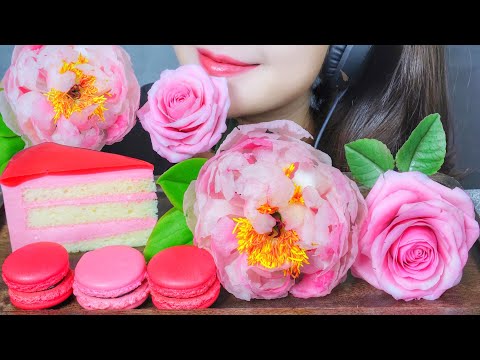 ASMR PINK FOOD (EDIBLE FLOWER,RICE ROSE,RICE PEONY,STRAWBERRYCAKE,MACARON)EATING SOUNDS | LINH ASMR