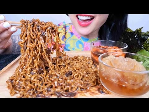 BLACKBEAN NOODLES + SALMON SASHIMI + JELLY (ASMR EATING SOUNDS) NO TALKING | SAS-ASMR