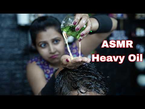 Lots Of Green Oil Head Massage | ASMR Heavy Oil Head Scratching Massage By Beautiful Lady Barber