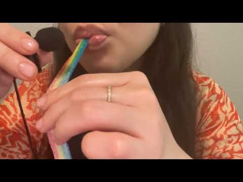 ASMR ~taking way too long to eat gummies pt 2 *rainbow sour strips* (mouth sounds and whispering)🍬