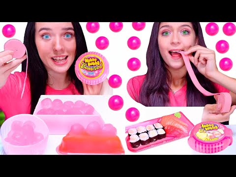 ASMR Pink One Color Food Mukbang Hubba Bubba Race, Jelly Straws, Bubble Gum | Best Compilation