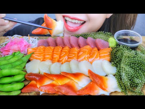 ASMR SEAFOOD SASHIMI (SALMON , SCALLOP , TUNA , RED CLAM) EATING SOUNDS | LINH ASMR