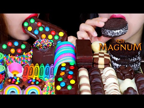 ASMR M&M'S MAGNUM ICE CREAM, SPRINKLE MARSHMALLOW, EDIBLE CRAYONS, NERDS ROPE, KINDER CHOCOLATE 먹방