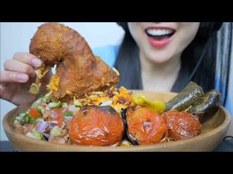 ZERESHK POLO + DOLMADAS + SALAD AND GRILL TOMATO (ASMR EATING SOUNDS) NO TALKING | SAS-ASMR