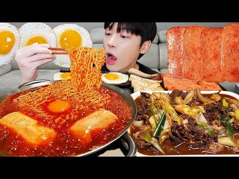 AMSR MUKBANG | 직접 만든 순두부 열라면 먹방 & 레시피 계란, 스팸, 김치 | FIRE NOODLES EATING