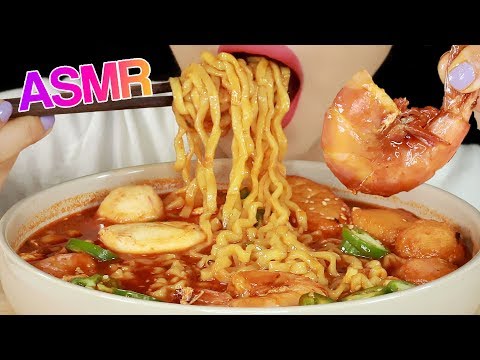 ASMR SOUPY FIRE NOODLES WITH SHRIMPS FISH CAKES 불닭볶음탕면 EATING SOUNDS MUKBANG