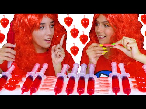 ASMR RED Candy RACE (Tiktok Jelly Fruit, Jello Shooter, Wax Bottles)