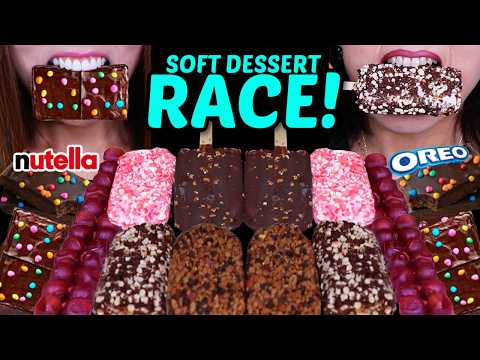 ASMR SOFT DESSERT RACE! Nutella ice cream bars, viral reelable grape gummy, Caramel crunch bars먹방