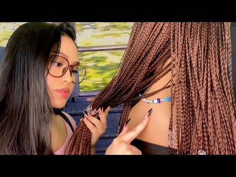 ASMR Shy Girl On Bus Plays W/ Your Hair (TINGLY Bead Braids 😴) + Scalp & Back Scratch RP, lite gum