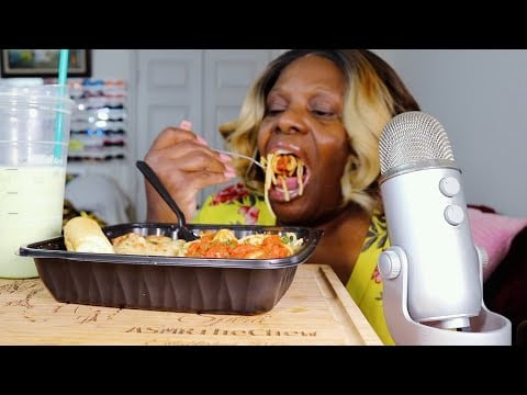 Olive Garden Potato Soup With Eggplant Spaghetti ASMR Eating Sounds