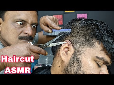 Only Scissor ASMR Haircut | Big Eyes Barber Haircut And Neck Cracking | Scissor Fade Haircut ASMR