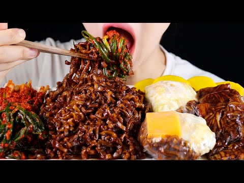ASMR Black Bean Jjajang Noodles with Spicy Silbi Scallion Kimchi, Rice Paper Enoki Egg Wraps