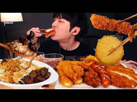 MUKBANG 바삭 스페셜 조합 먹방! 큐브 스테이크 덮밥 & 돈까스 & 소세지 & 치즈고로케 & 새우튀김 & 게살튀김 & 치킨 STEAK & FRIED EATING SOUND