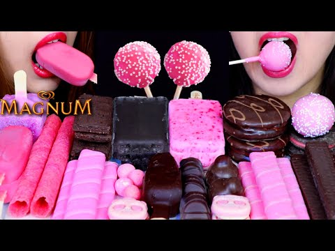 ASMR BLACK PINK DESSERTS (MAGNUM ICE CREAM, CAKE POPS, OREO, STRAWBERRY WAFER, PIE, KINDER BUENO)먹방