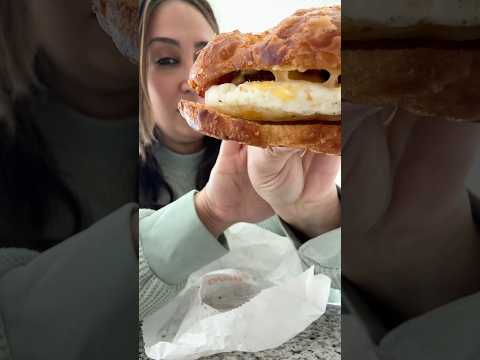 ASMR sausage egg cheese on a croissant and iced shaken espresso