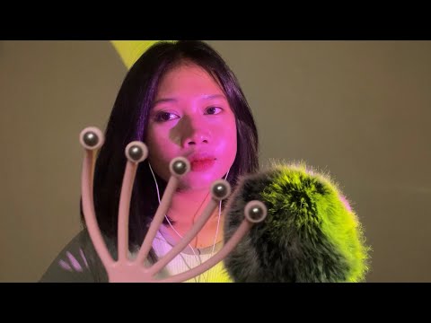 ASMR head massage (fluffy mic scratching + mouth sounds)