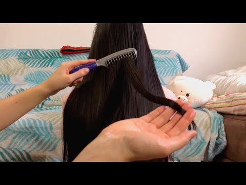 ASMR *Sleepy Whispers* Applying Hair Oil, Brushing LONG HAIR, UP CLOSE Scalp Scratch + Neck Massage