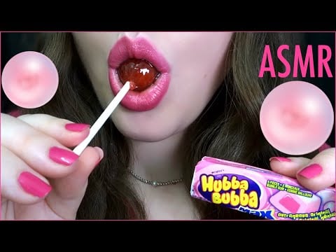 ASMR Strawberry Lollipop + BUBBLE GUM  [No Talking]