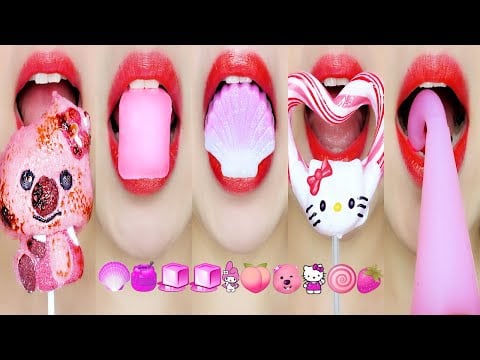 PINK EMOJI FOOD EATING SOUNDS (KOHAKUTO, HONEY JELLY, CANDY) ASMR MUKBANG 핑크색 이모지 입술 먹방