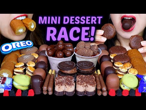 ASMR MINI DESSERT RACE! CHOCOLATE MOUSSE, OREO BOLITA, MARSHMALLOW, BURGER COOKIES, GUMMY, CAKE 먹방