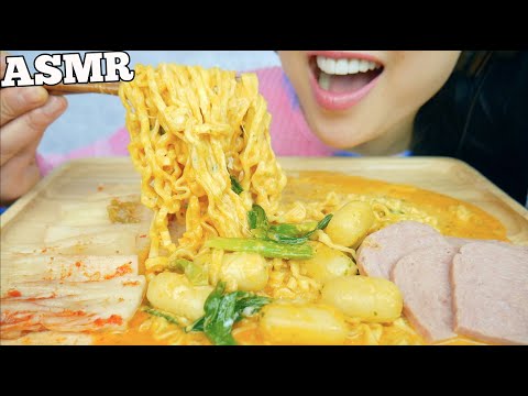 ASMR CHEESY NOODLES RICE CAKES + SPAM KIMCHI (SOFT STICKY CRUNCHY EATING SOUND)NO TALKING | SAS-ASMR