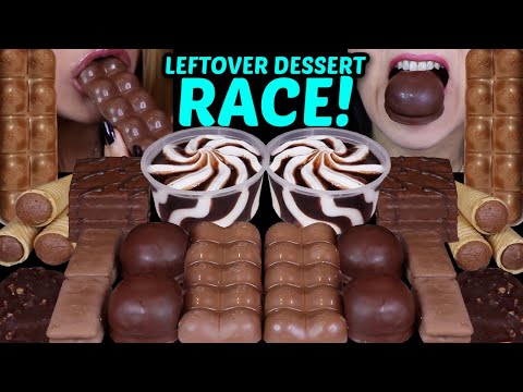 ASMR LEFTOVER DESSERT RACE! BUBBLY CHOCOLATE BAR, MINI DOVE ICE CREAM, SWIRL SUNDAE, MARSHMALLOWS 먹방