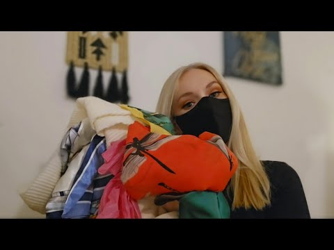 ASMR show and tell / try on scarf haul / soft spoken whispering / fabric scratching