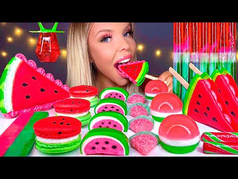 ASMR WATERMELON DESSERTS, SANDWICH COOKIE, JELLY NOODLES, WATERMELON MACARONS, SOUR CANDY MUKBANG 먹방