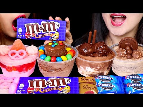 ASMR LOADED ICE CREAM SUNDAES (CARAMEL M&M'S, CHOCOLATE PROFITEROLES, FERRERO, OREO, FUDGE BROWNIE먹방