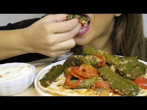 ASMR DOLMA / STUFFED GRAPE LEAVES / YOGHURT / no talking / CREMA ASMR #asmr #dolma #mukbang #food