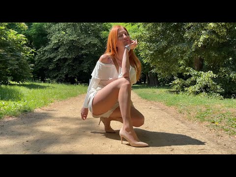 Shiny Tan Sheer Pantyhose. White Jumpsuit, Seamless Nylons, High Heels Try on. Walking outdoor. ASMR