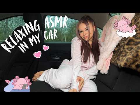 Relaxing ASMR in my car while it's raining🍃🌧️ (Natural rain sound, Soft triggers, Calming whispers)