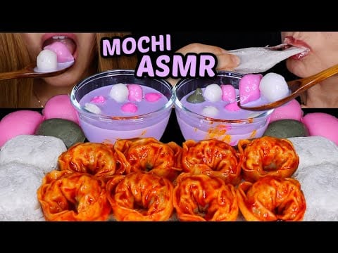 ASMR BIG STRETCHY MOCHI, HONEY RICE CAKES IN PURPLE MILK, SPICY KIMCHI MANDU 먹방