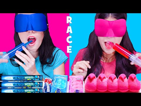 ASMR PINK AND BLUE CANDY RACE WITH CLOSED EYES