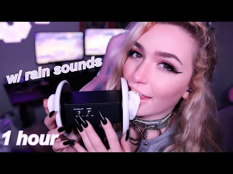 [1 hour & w/ rain sounds] slow gentle ear licking, ear eating & kisses [ASMR]