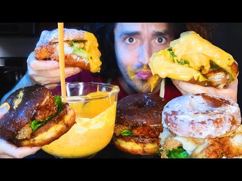 KFC CHEESE SAUCE FRIED CHICKEN CHOCOLATE DONUT SANDWICH * ASMR NO TALKING * | NOMNOMSAMMIEBOY