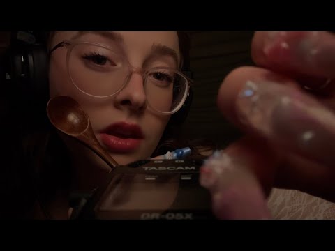 ASMR triggers ON THE TASCAM mic with mouth sounds and clicky whispers (low light)