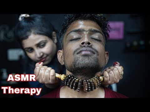 She Doing Tapping & Scratching Head Massage With Wooden Roller Tool | ASMR Lady Barber Head Massage