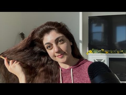 ASMR brushing my hair in the sun🌞 [long hair, slow combing, pretty clips, ponytails, hair over face]