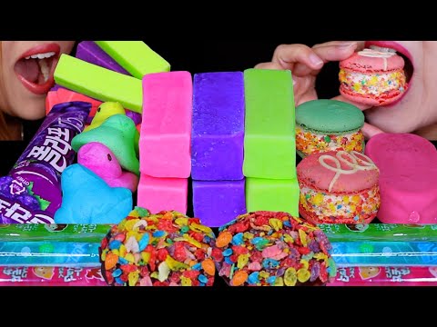 ASMR RAINBOW DESSERTS! ICE CREAM BARS, FRUITY PEBBLES CHOCO PIES, PEEPS MARSHMALLOW, POLAPO, JELLY