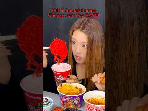 Spicy Buldak ramen cheesy corn dog race eating challenge… #food #eating #mukbang #ramen #challenge