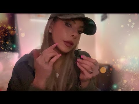 ASMR CLICKY Whispering Face Tracing With ASMR Mouth Sounds Hair Brushing & Hat Tapping With XL Nails