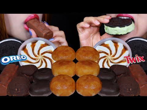 ASMR CARAMEL MOCHI ICE CREAM, TWIX ICE CREAM BAR, MARSHMALLOWS, OREO SANDWICH, ICE CREAM SUNDAE 먹방
