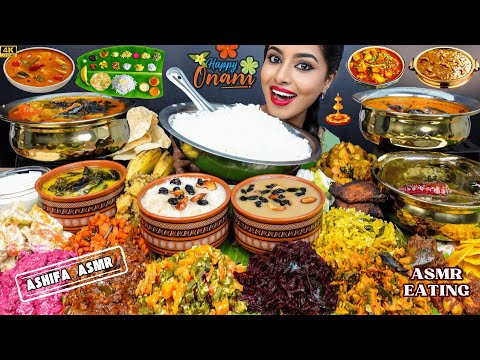 ASMR Eating Onam Sadhya,Rice,Payasam,Sambar,Papad,Veg Thoran South Indian Thali ASMR Eating Mukbang