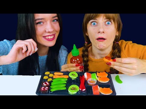 ASMR SUSHI CANDY JELLY SET, NIGIRI GUMMY JELLY, SHRIMP GUMMY VS REAL FOOD