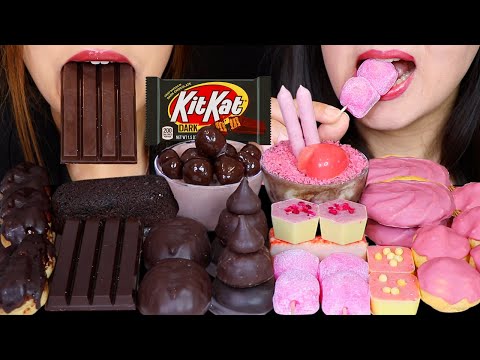 ASMR DARK CHOCOLATE + STRAWBERRY (KITKAT, CHOCOLATE MOCHI, MARSHMALLOWS, MOUSSE CAKE, CREAM PUFFS)먹방